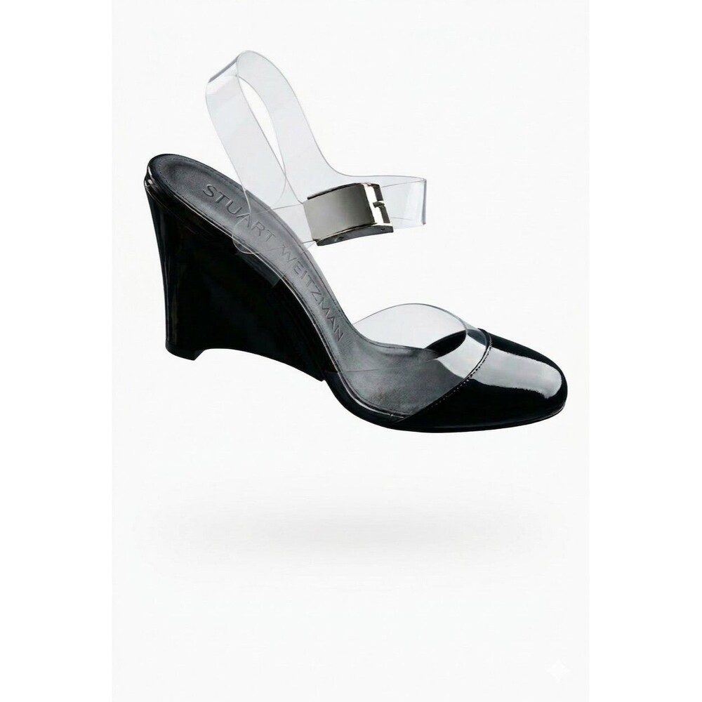 Stuart Weitzman Black Patent Lucite Wedge Sandals 8.5 N Narrow Y2K Clear Strap